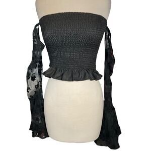 Romwe Y2K Black Sheer Floral Off Shoulder Smocked Bell Sleeve Boho Goth Y2K XL